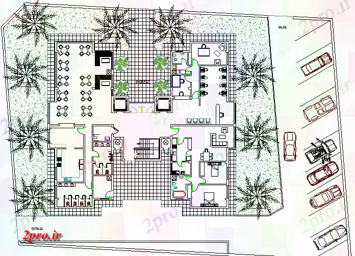 دانلود نقشه هتل - رستوران - اقامتگاه کافه تریا، باغ و پارکینگ منطقه طراحی معماری 23 در 24 متر (کد63500)