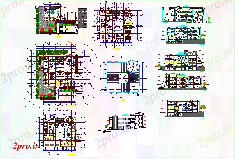 دانلود نقشه ساختمان دولتی ، سازمانی دیدگاه های مختلف بخش محور و طرحی کف و نمای نما کتابخانه دولت با درب و پنجره جزئیات 31 در 33 متر (کد63520)