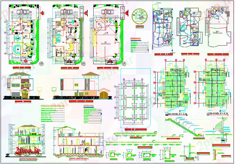 دانلود نقشه مسکونی ، ویلایی ، آپارتمان طرحی خانه و نما با نمای الکتریکی و ساختاری با جزئیات 7 در 13 متر (کد63522)