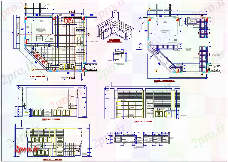 دانلود نقشه آشپزخانه  طراحی آشپزخانه با طرحی و نمای مقطعی با جزئیات ساختاری برای مدرسه (کد63524)