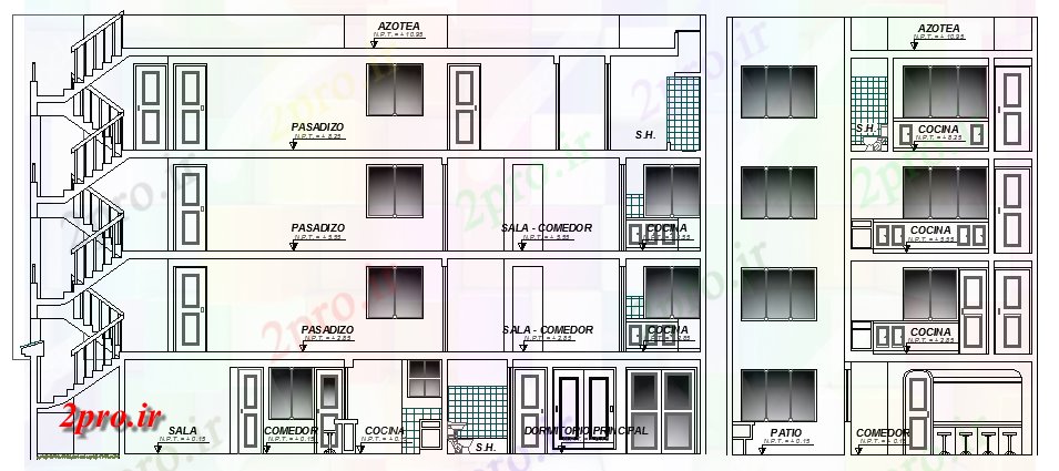 دانلود نقشه مسکونی  ، ویلایی ، آپارتمان  چند خانواده ساختمان چهار طبقه طراحی و  نمای (کد63574)