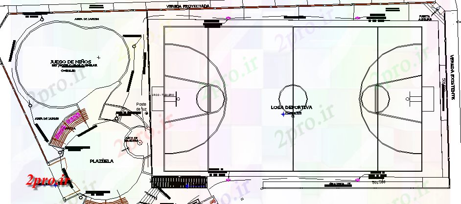 دانلود نقشه ورزشگاه ، سالن ورزش ، باشگاه ورزشی طرحی معماری زمین و نمای 19 در 50 متر (کد63613)