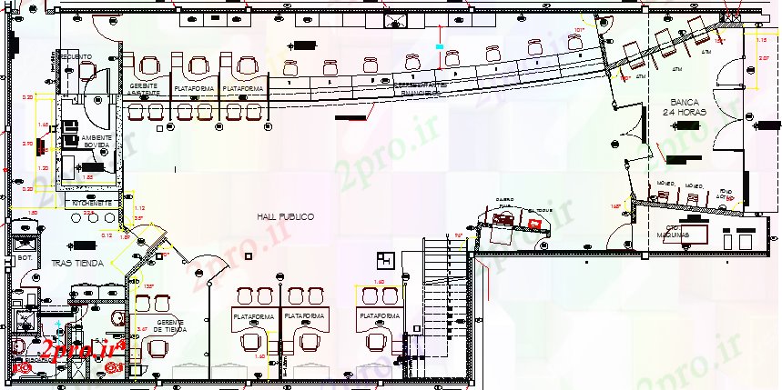 دانلود نقشه بانک طرحی مبله دفتر بانکی و جزئیات ساختار 12 در 25 متر (کد63651)