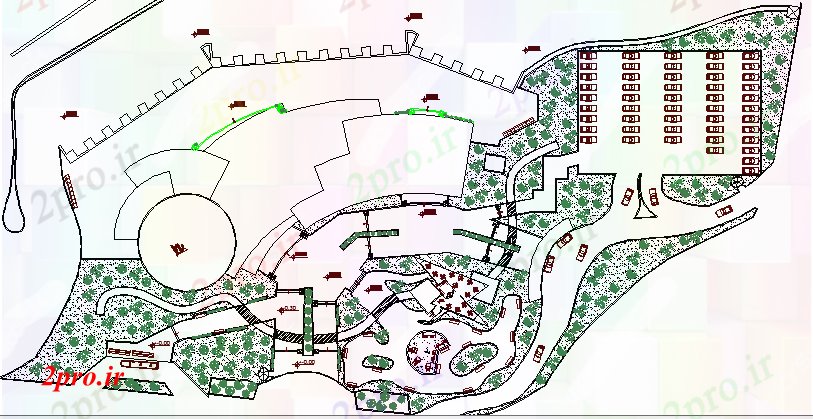 دانلود نقشه باغ شخصیپارکینگ و باغ ساختمانی نمای 20 در 80 متر (کد63710)