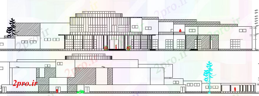 دانلود نقشه ساختمان دولتی ، سازمانی سالن سالن طراحی معماری یک نمای 87 در 133 متر (کد63772)
