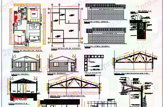 دانلود نقشه مسکونی ، ویلایی ، آپارتمان خانه کوچک طراحی معماری، نما، ساختار جزئیات 6 در 8 متر (کد63776)