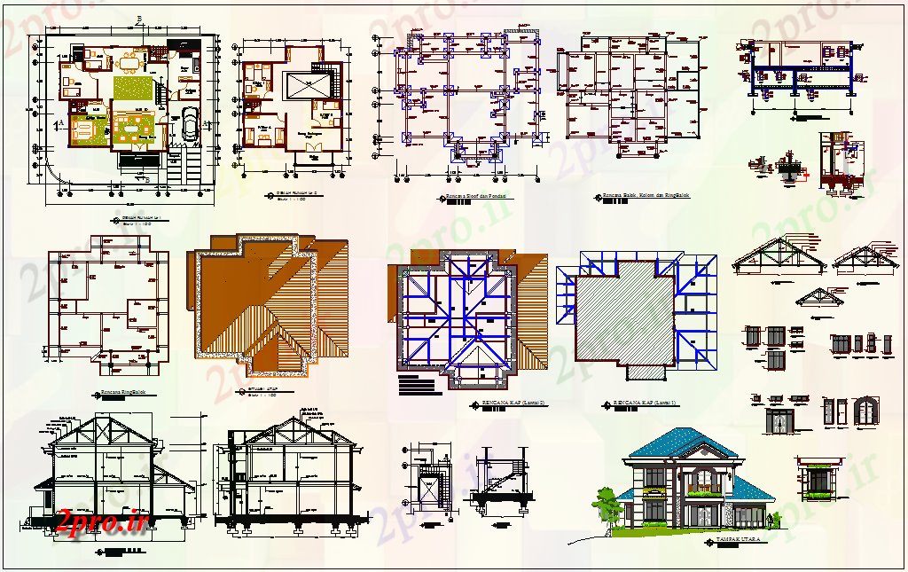 دانلود نقشه مسکونی ، ویلایی ، آپارتمان طرح، نما و بخش با ستون و درب و پنجره خانه 16 در 18 متر (کد63803)