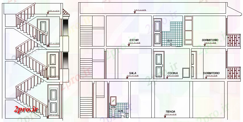 دانلود نقشه خانه های کوچک ، نگهبانی ، سازمانی - طرحی بخش از چند طبقه ویلایی (کد63902)