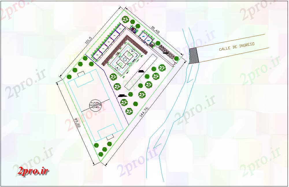 دانلود نقشه دانشگاه ، آموزشکده ، مدرسه ، هنرستان ، خوابگاه - چشم انداز میدان ورزشی برای مدرسه 38 در 46 متر (کد63904)