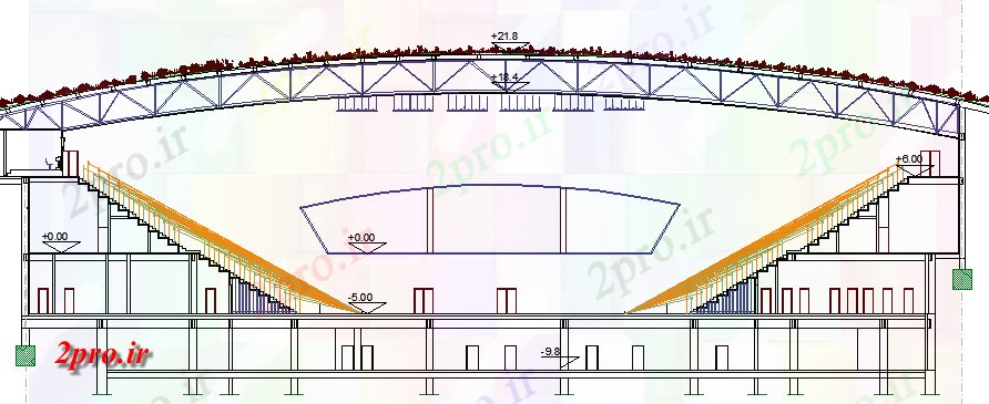 دانلود نقشه ورزشگاه ، سالن ورزش ، باشگاه ورزشی ورزشگاه طراحی معماری و جزئیات ساختار 74 در 88 متر (کد63978)