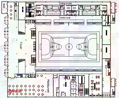 دانلود نقشه ورزشگاه ، سالن ورزش ، باشگاه ورزشی ورزشگاه معماری نما و اطلاعات ساختار 74 در 88 متر (کد63979)