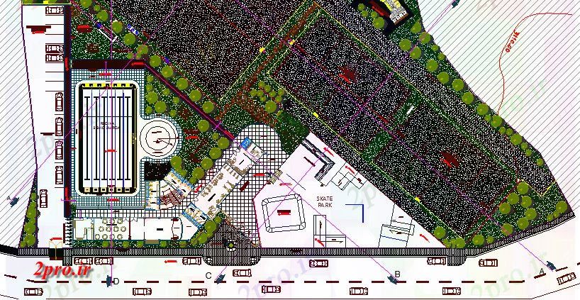 دانلود نقشه ورزشگاه ، سالن ورزش ، باشگاه شهرداری ورزشی زمین معماری طرحی 53 در 55 متر (کد63982)