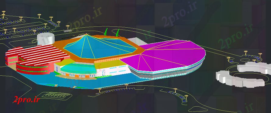 دانلود نقشه ورزشگاه ، سالن ورزش ، باشگاه  نمای  شهر ورزش مرکز معماری طرحی  (کد64011)