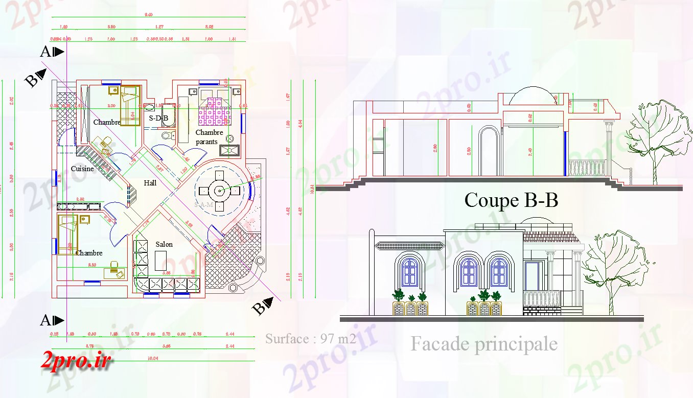 دانلود نقشه مسکونی ، ویلایی ، آپارتمان یک دان خانه برنامه ریزی 10 در 11 متر (کد64015)