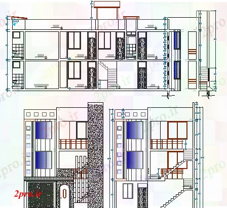 دانلود نقشه مسکونی  ، ویلایی ، آپارتمان  نما از  سه طبقه مسکونی مسکن  (کد64059)