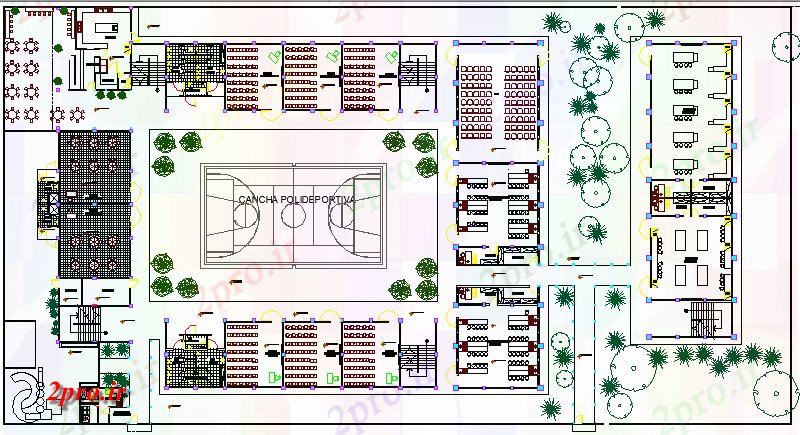 دانلود نقشه ورزشگاه ، سالن ورزش ، باشگاه ورزشی زمین طراحی معماری و نمای 50 در 87 متر (کد64068)