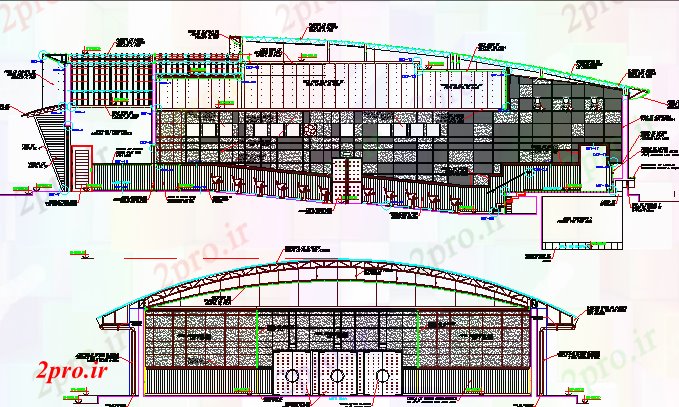 دانلود نقشه ساختمان دولتی ، سازمانی سالن سالن معماری نما و بخش طرحی 28 در 35 متر (کد64071)