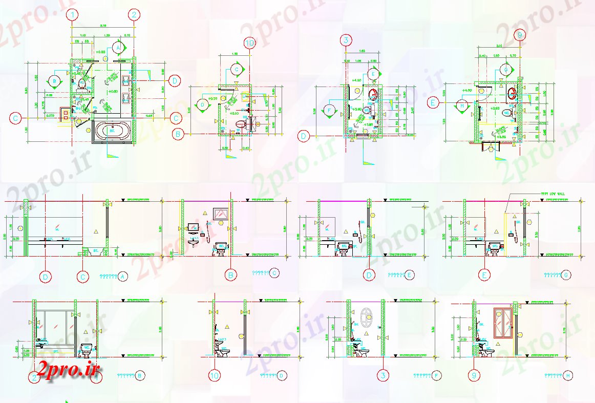 دانلود نقشه بلوک حمام و توالتمدولار جزئیات حمام    (کد64072)