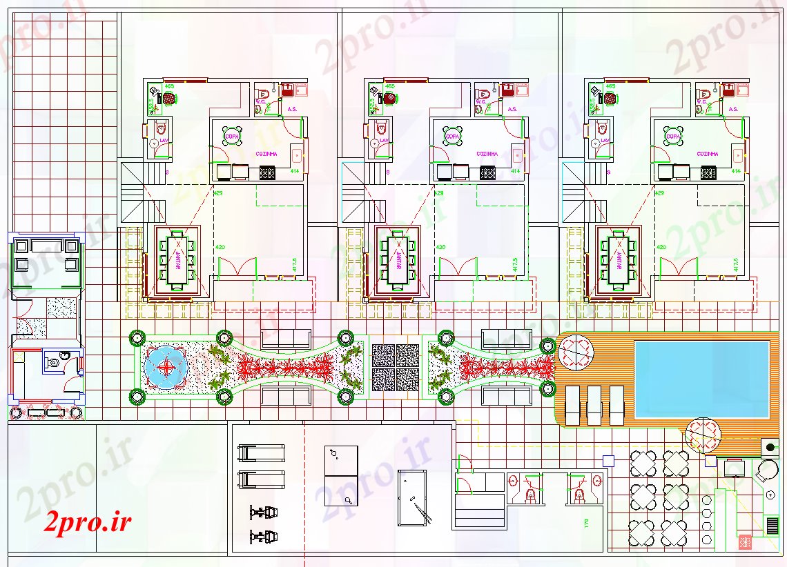 دانلود نقشه مسکونی ، ویلایی ، آپارتمان 3 خانواده طرحی خانه 7 در 10 متر (کد64104)