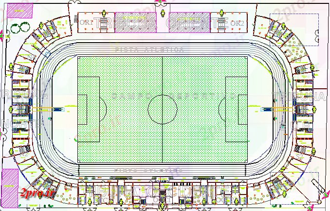دانلود نقشه ورزشگاه ، سالن ورزش ، باشگاه ورزشگاه معماری طرحی و جزئیات ساختار 122 در 185 متر (کد64128)