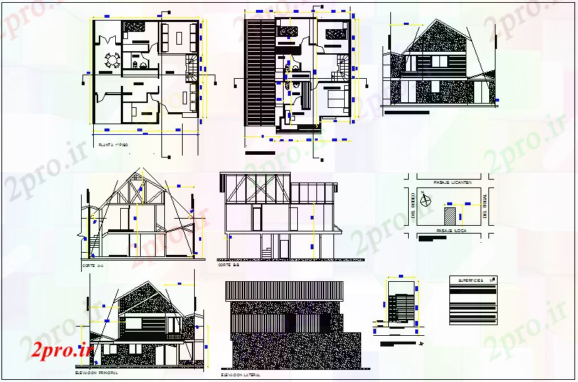 دانلود نقشه ساختمان اداری - تجاری - صنعتی شرکت طرحی دفتر با مقطعی و نما 9 در 9 متر (کد64180)