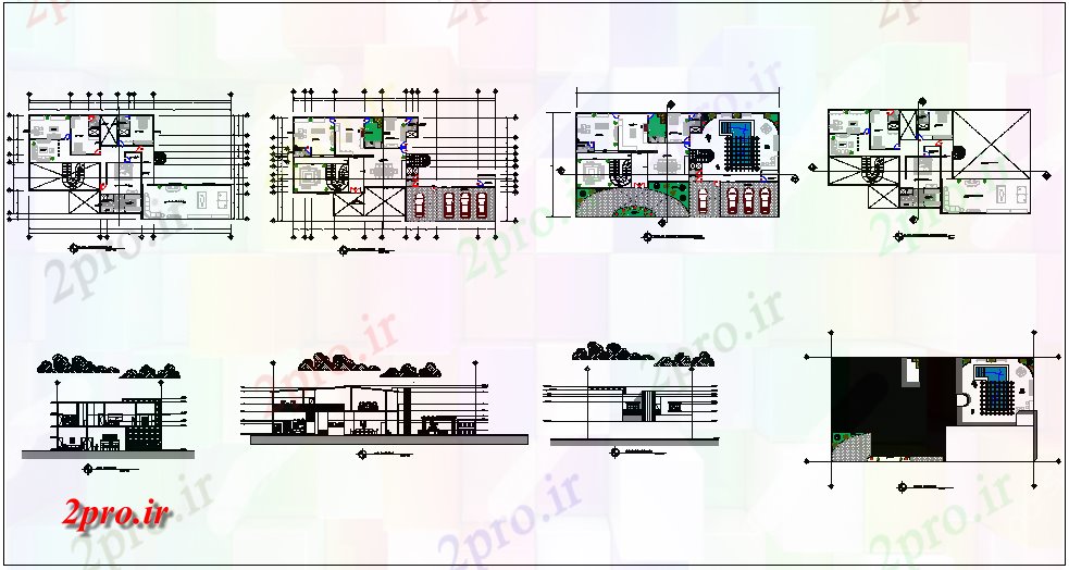 دانلود نقشه مسکونی ، ویلایی ، آپارتمان طرحی های سقف، طرحی کف و نمای نما خانه 18 در 35 متر (کد64219)