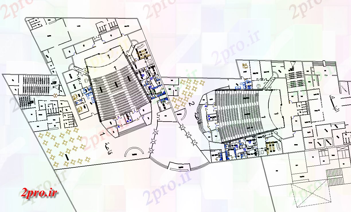 دانلود نقشه تئاتر چند منظوره - سینما - سالن کنفرانس - سالن همایشچندگانه تئاتر 68 در 181 متر (کد64266)