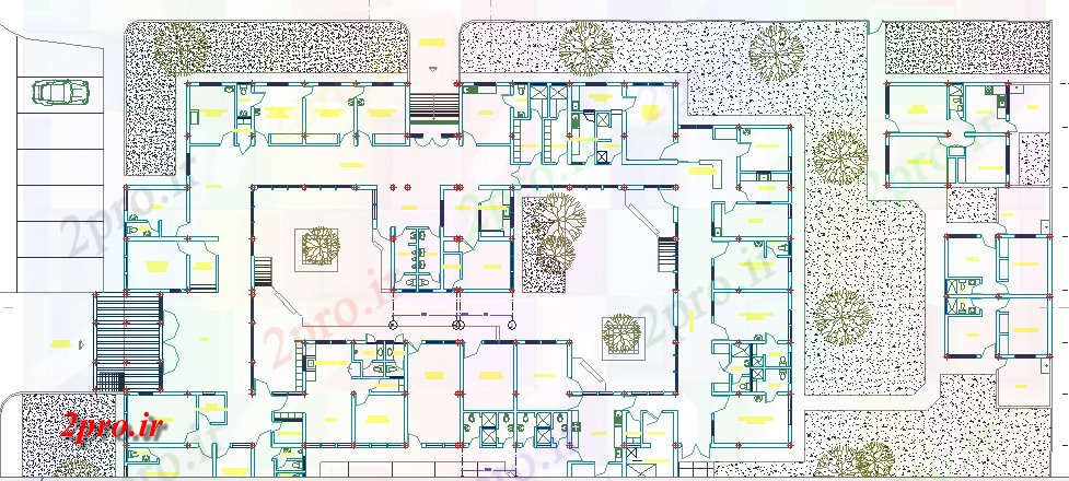 دانلود نقشه بیمارستان - درمانگاه - کلینیک مرکز بهداشت از بالا پیچیدگی 36 در 60 متر (کد64283)