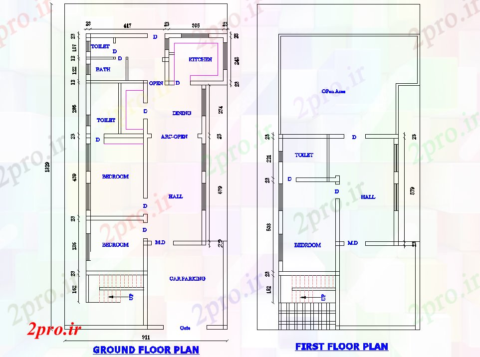 دانلود نقشه مسکونی ، ویلایی ، آپارتمان طراحی 2 طبقه خانه 8 در 16 متر (کد64295)