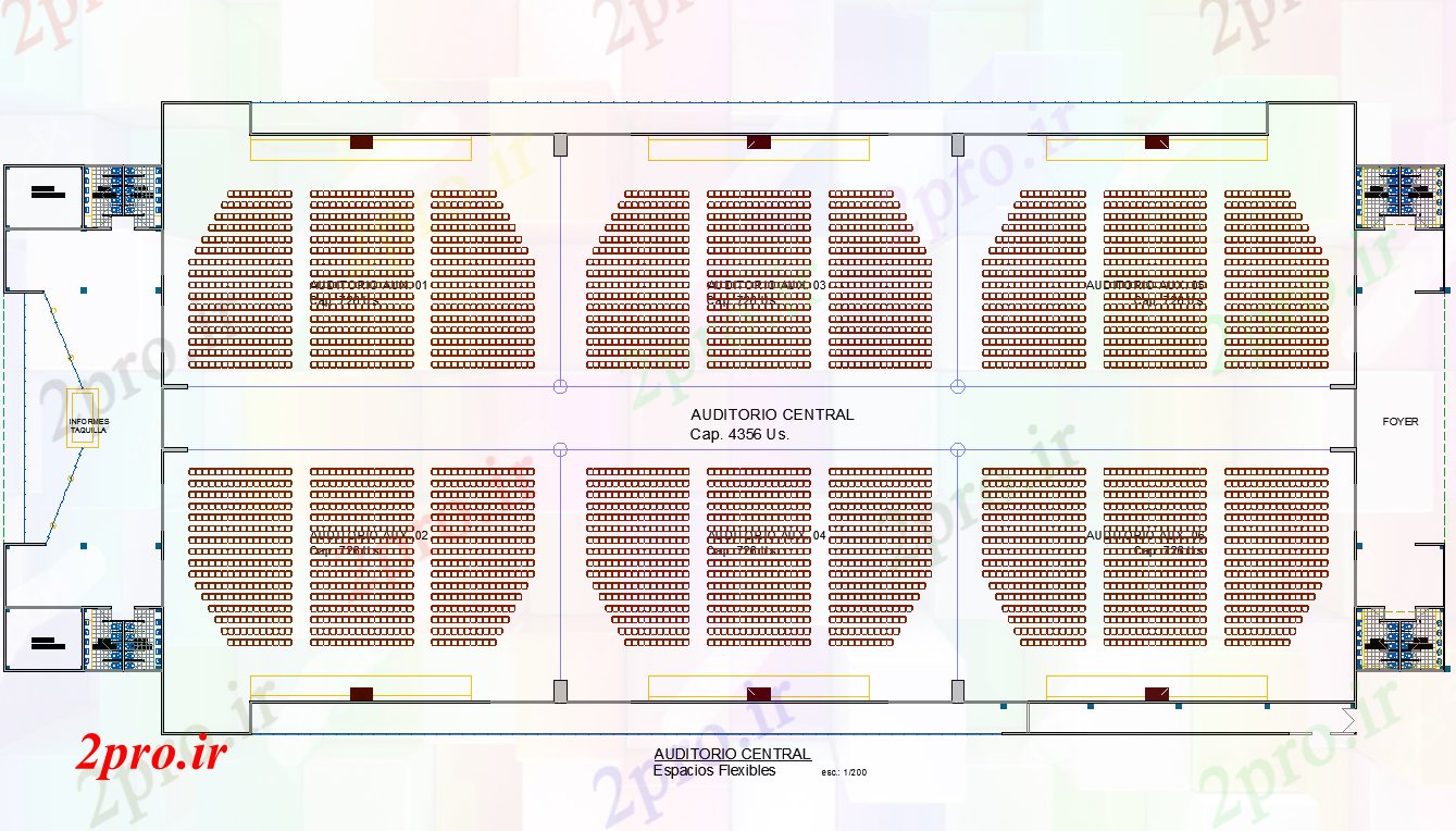 دانلود نقشه تئاتر چند منظوره - سینما - سالن کنفرانس - سالن همایشسالن سالن طرح 47 در 114 متر (کد64311)