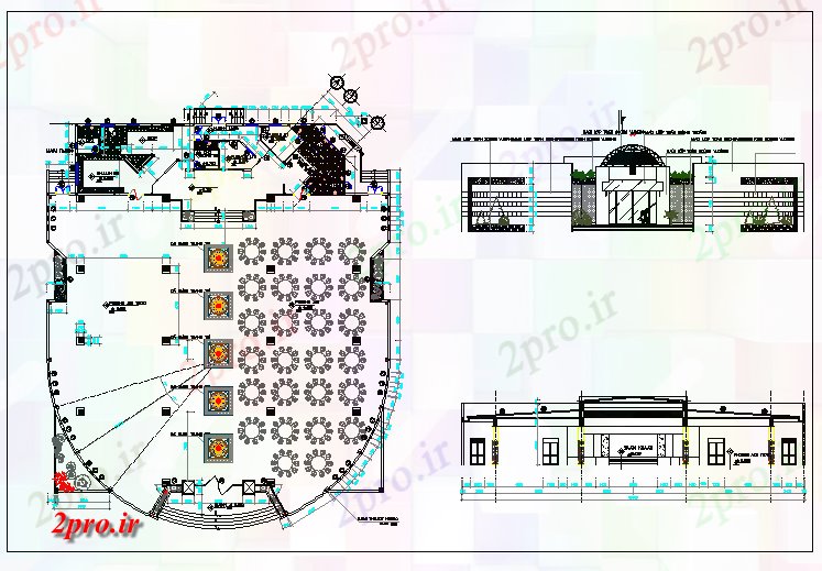 دانلود نقشه رستوران - غذا خوری - فست فود ; هتل - خوابگاه - مسافر خانهطرحی طبقه داخلی از یک کافه 9 در 10 متر (کد64358)
