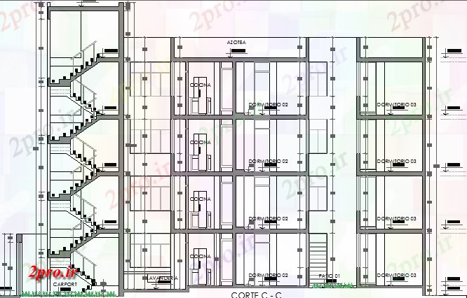 دانلود نقشه مسکونی  ، ویلایی ، آپارتمان  طرحی بخش از  چند خانواده مسکن  (کد64373)