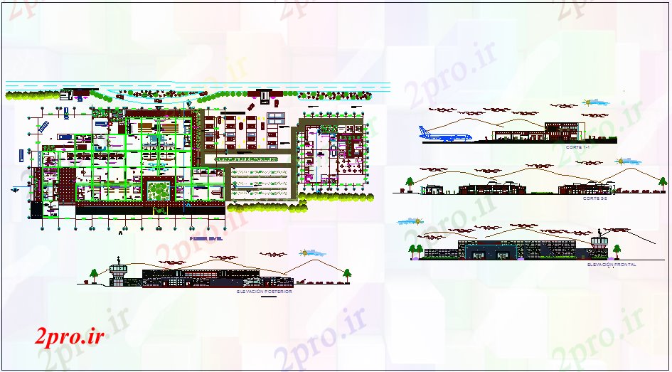 دانلود نقشه فرودگاه طرحی فرودگاه، نما و دیدگاه مقطعی با  هوایی (کد64405)