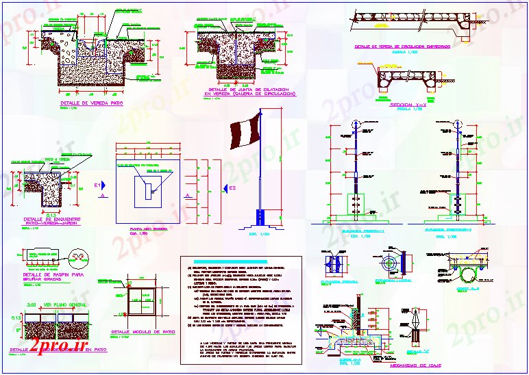 دانلود نقشه جزئیات ساخت و ساز جزئیات ساخت و ساز بنیاد برای پرچم با طرح، نما و  فرم (کد64414)