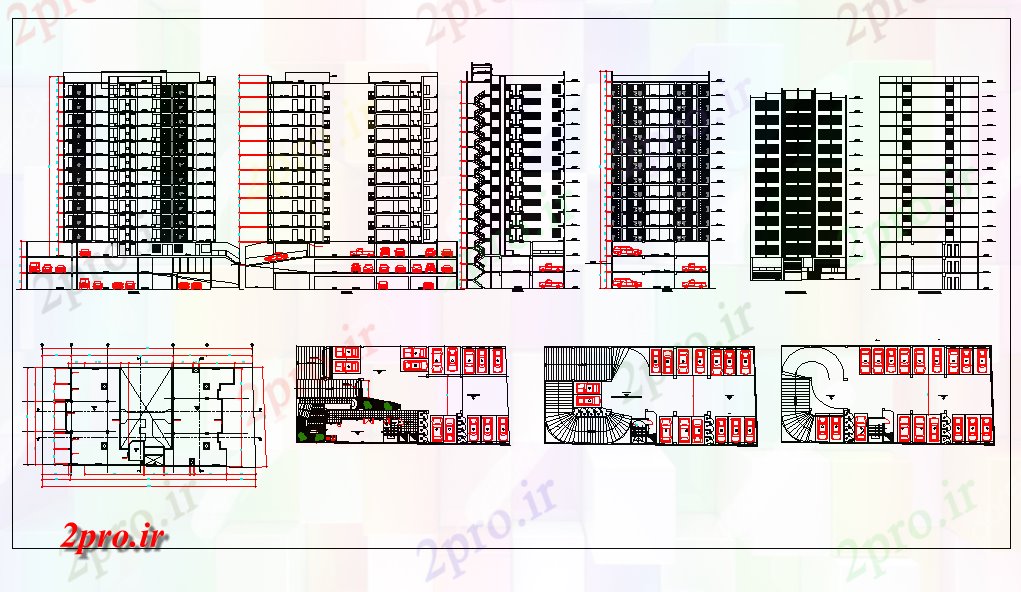 دانلود نقشه ساختمان مرتفعبلند ساخت نما، طرحی و بخش 17 در 38 متر (کد64511)