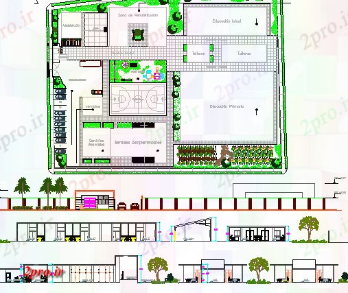 دانلود نقشه دانشگاه ، آموزشکده ، مدرسه ، هنرستان ، خوابگاه - مرکز آموزش ویژه معماری پروژه با ورزشی زمین 82 در 92 متر (کد64548)