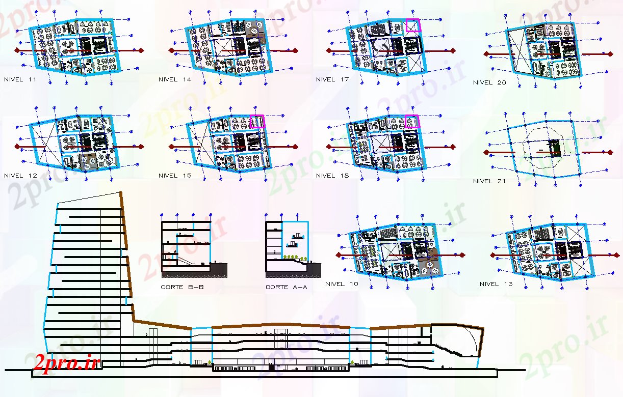 دانلود نقشه هتل - رستوران - اقامتگاه هتل 5 ستاره طراحی پروژه و طراحی نما 3 در 26 متر (کد64613)