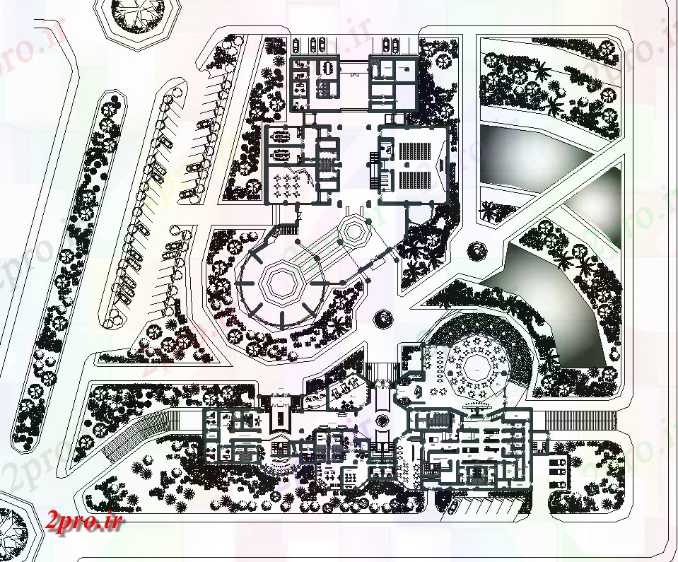 دانلود نقشه هتل - رستوران - اقامتگاه نمای بالای هتل طرح 143 در 173 متر (کد64639)