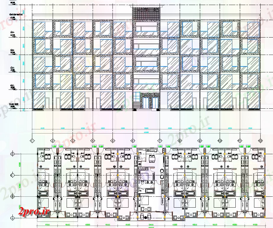 دانلود نقشه هتل - رستوران - اقامتگاه طرحی هتل طرحی بندی و نما طراحی 30 در 45 متر (کد64647)