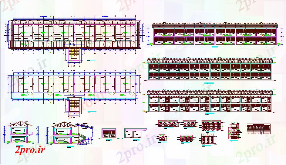 دانلود نقشه دانشگاه ، آموزشکده ، موسسه - طرحی معماری کولاژ با بخش های مختلف با محور جزئیات درب و پنجره 10 در 47 متر (کد64649)