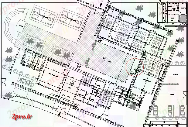 دانلود نقشه دانشگاه ، آموزشکده ، مدرسه ، هنرستان ، خوابگاه -  طرحی محوطه سازی و صفحه آرایی چند طبقه مدرسه طراحی معماری  (کد64713)
