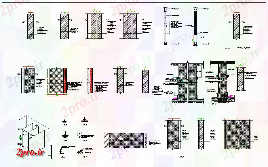 دانلود نقشه جزئیات ساخت و ساز  بخش از دیوار و نمای مشترک جزئیات (کد64725)