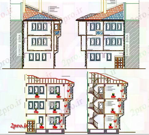 دانلود نقشه مسکونی ، ویلایی ، آپارتمان سنتی یک خانواده خانه نما و بخش جزئیات 16 در 20 متر (کد64736)