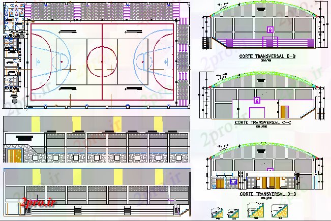 دانلود نقشه ورزشگاه ، سالن ورزش ، باشگاه کوچک تحت پوشش چند بازی مرکز ورزشی معماری پروژه های 21 در 36 متر (کد64762)