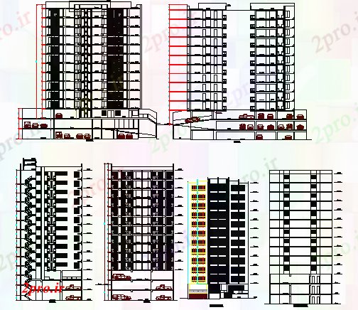 دانلود نقشه ساختمان مرتفعهمه جانبی نما بالا افزایش آپارتمان ساختمان 17 در 38 متر (کد64778)