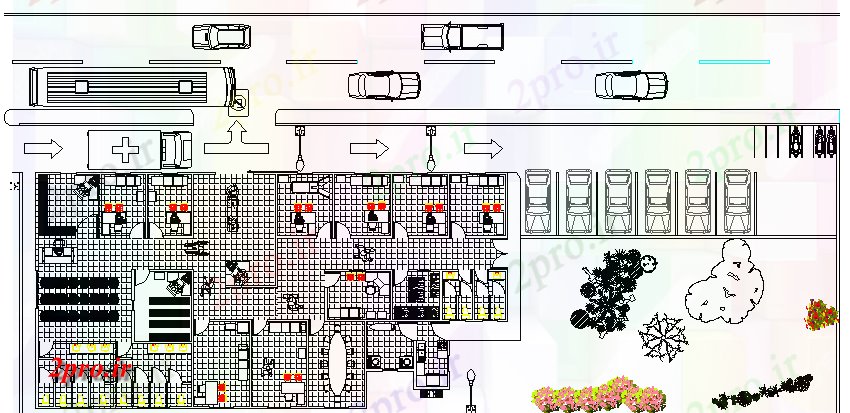 دانلود نقشه بیمارستان - درمانگاه - کلینیک مرکز بهداشت محوطه سازی و سازه های طرحی بندی اطلاعات 18 در 51 متر (کد64805)