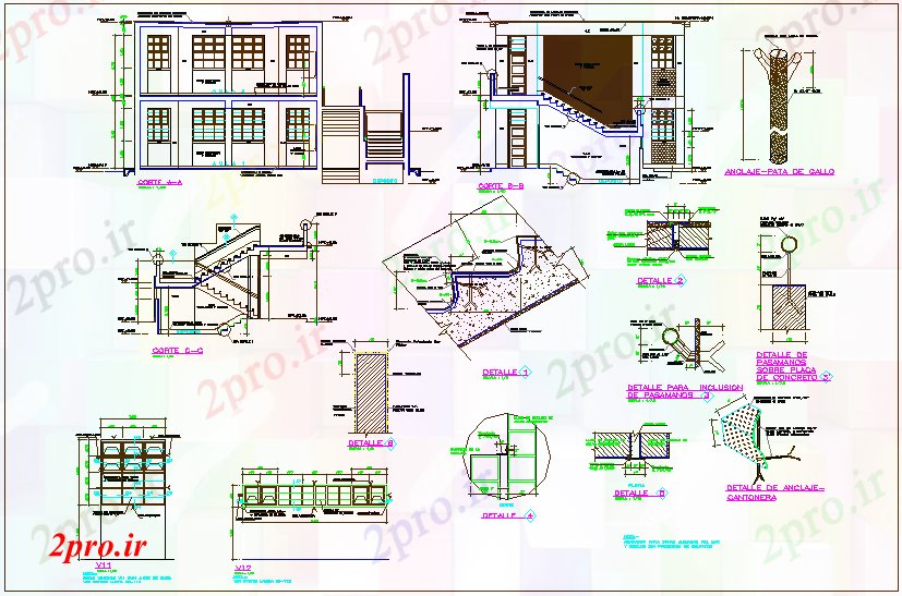 دانلود نقشه جزئیات ساخت و ساز  تنگ مرکز آموزش با جزئیات مقطعی و پله    (کد64824)