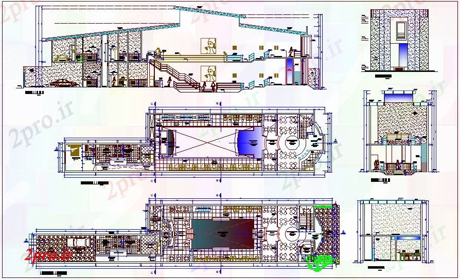 دانلود نقشه باشگاه باشگاه نظر طراحی خانه، طرحی طبقه رقص، نما و بخش 10 در 43 متر (کد64845)