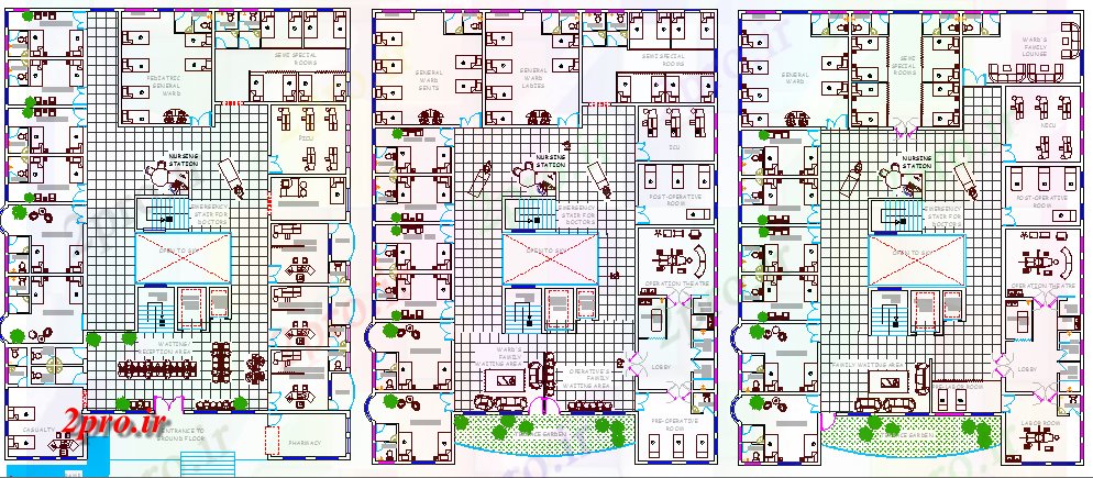 دانلود نقشه بیمارستان -  درمانگاه -  کلینیک طبقه همکف، دپو طبقه و طرحی طبقه دوم بیمارستان پروژه (کد64850)