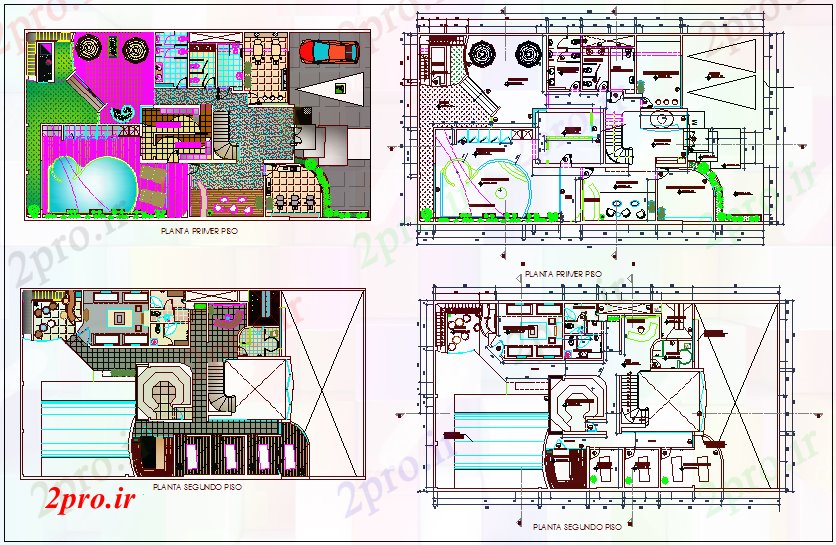 دانلود نقشه بلوک حمام و توالتاول و دوم طرحی طبقه با طراحی رنگ برای آبگرم   (کد64877)